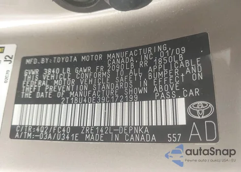 2009 Toyota Corolla Base из США, поврежденный, VIN 2T1BU40E39C172199